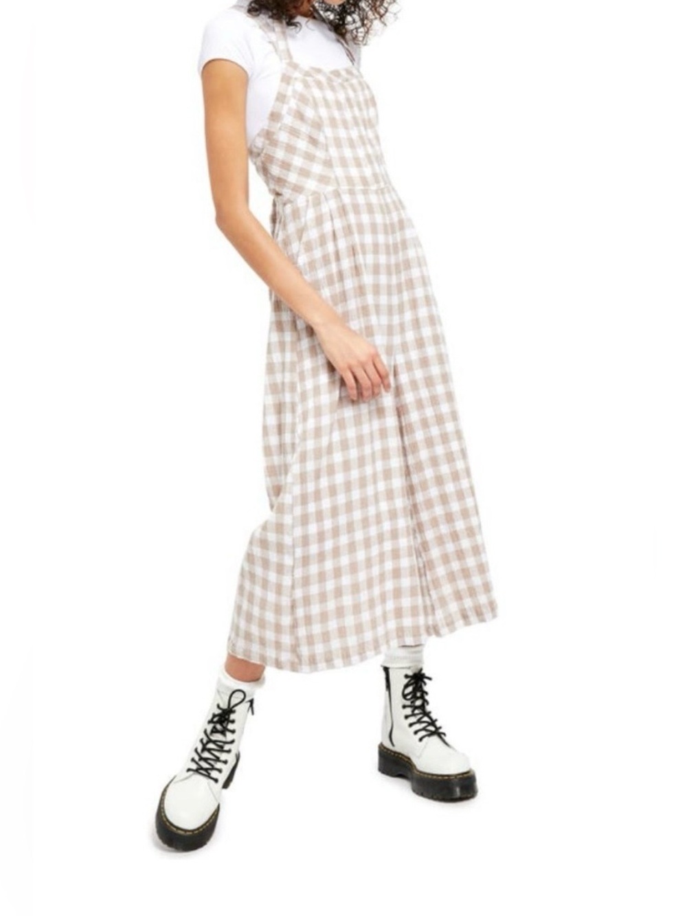 Free People Beige and White Gingham Cropped Wide Leg Romper Jumpsuit